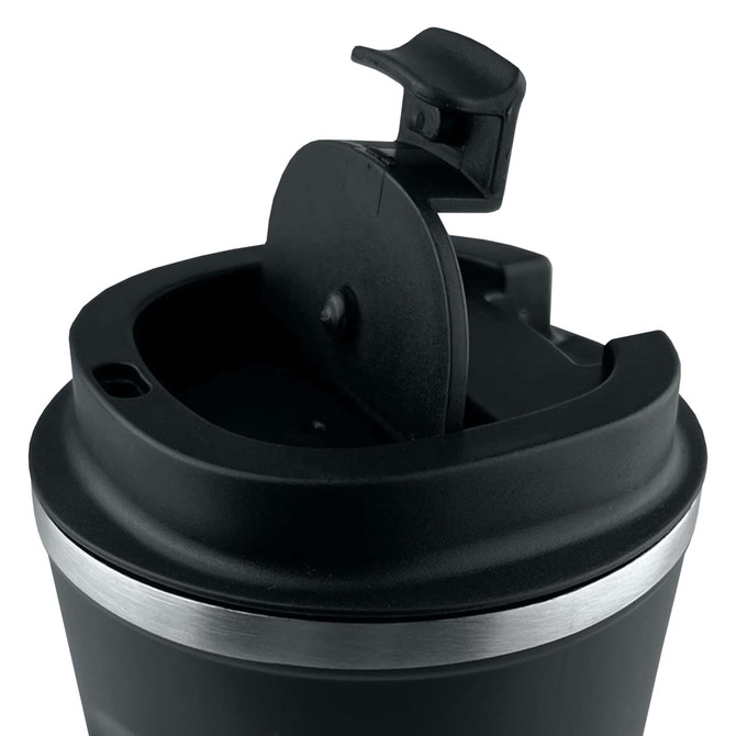 A reusable black coffee mug featuring a silver band and a flip-top lid. It includes a logo or branding element.