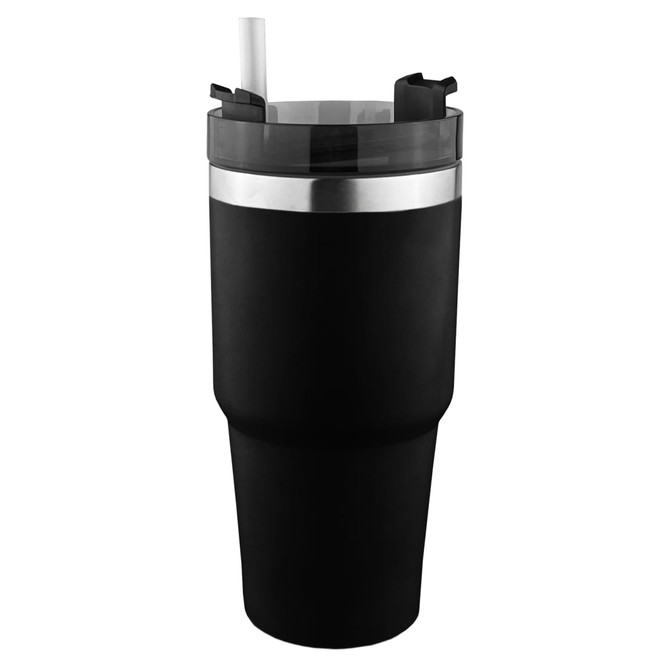 A drink bottle featuring a black body with a silver band and a clear lid with a straw. It has a branding logo.