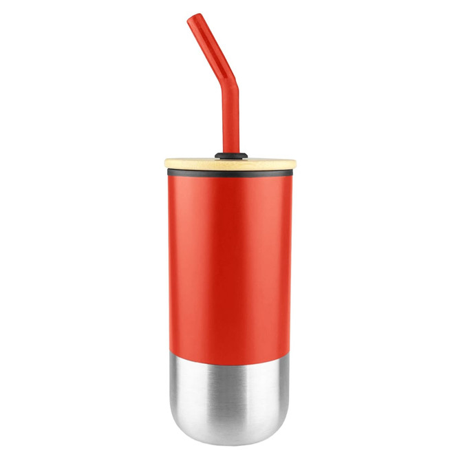 A travel mug in red with a stainless steel base and a red straw. It features a lid and has branding on it.