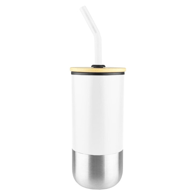 A drink bottle featuring a white body with a stainless steel bottom, a gold rim, and a straw. It has a logo.