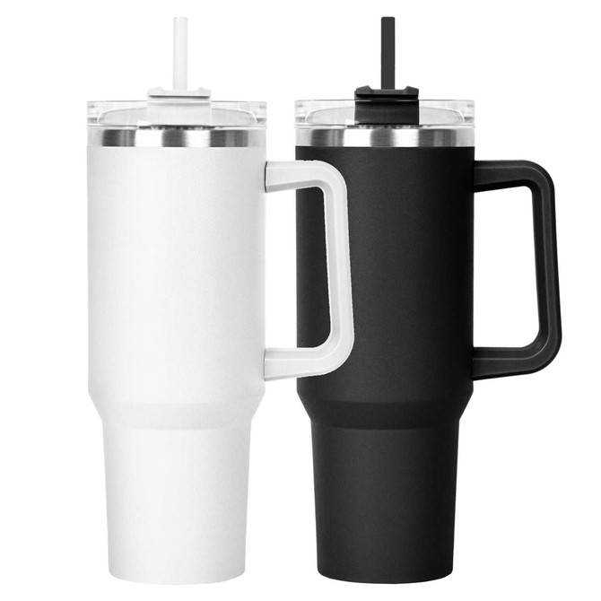 A drink bottle set featuring a white and a black travel mug with a handle and a straw, both with a clear lid and branding.