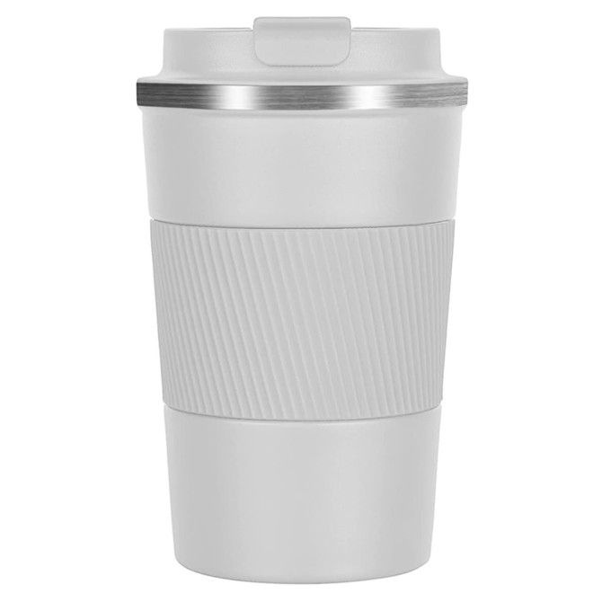 A travel mug in light grey with a ribbed grip and silver lid, featuring a logo on the front.