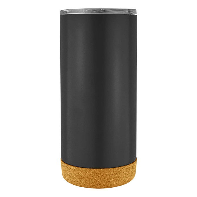 A travel mug featuring a matte black exterior and a cork base, with a metallic lid. It has a simple and modern design.