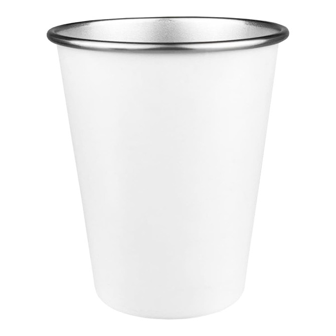A drink bottle featuring a white exterior with a silver rim, designed for beverage use. It has a logo on it.