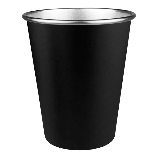 A drink bottle designed as a metal party cup, featuring a black exterior and a silver rim.