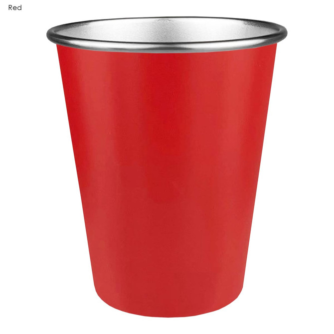 A drink bottle in red with a metallic rim and a smooth finish, featuring a logo.