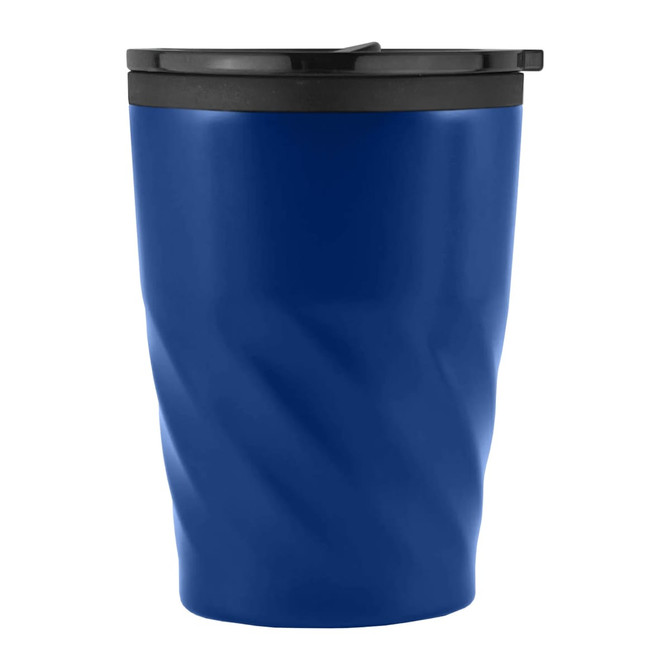 A drink mug in deep blue with a twist design and a black lid, featuring a logo.