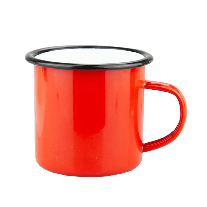 A red enamel camper mug with a black rim and handle, featuring a smooth finish and a simple design.