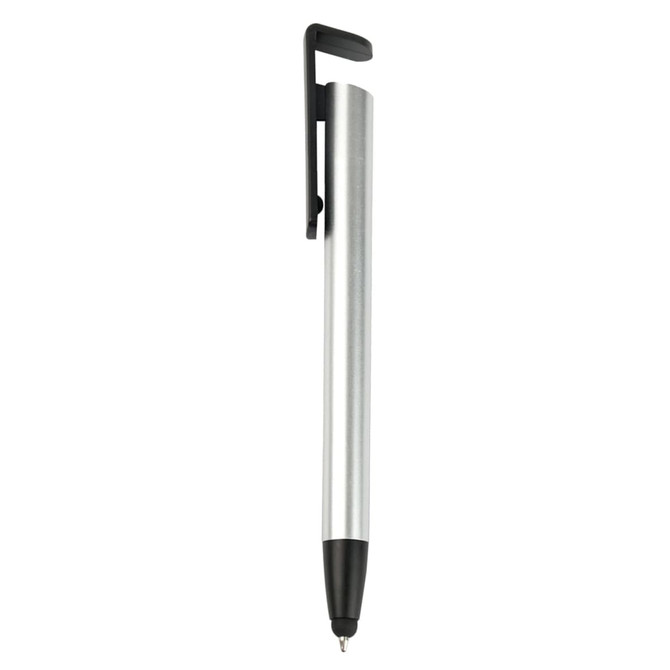 A stylus pen with a metallic silver body, black tip, and a black clip, featuring branding.