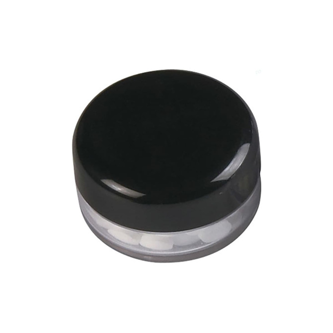A black screw lid jar with a clear base containing sugar-free lollies. The jar has a simple design and a logo.