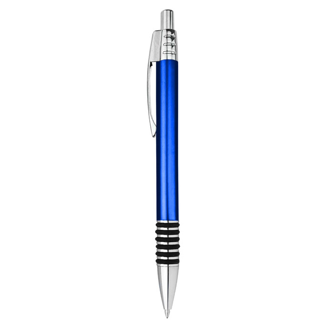 A blue metal pen with a shiny chrome tip and grip, featuring a logo on the barrel.