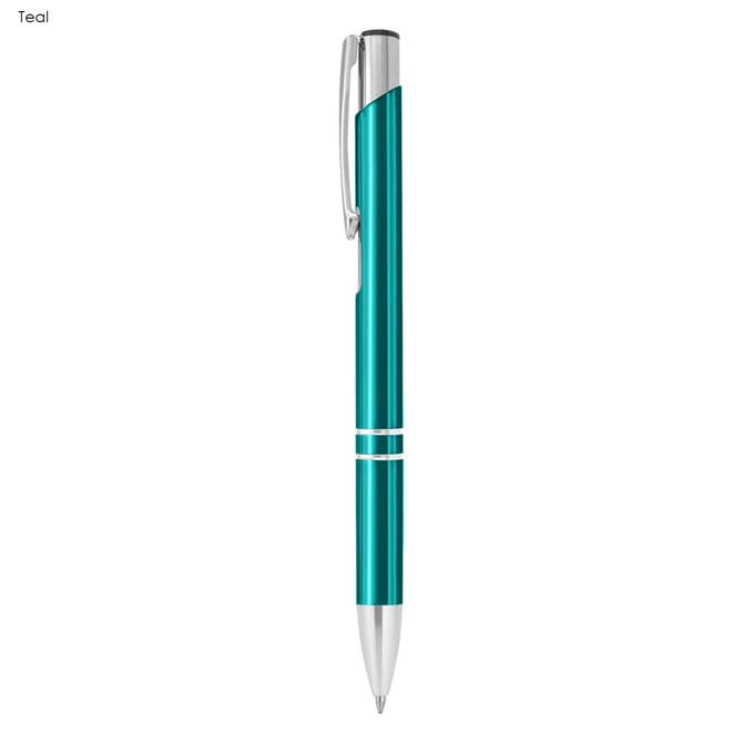 A teal metal pen with silver accents and a clip, featuring a sleek design and a shiny finish.