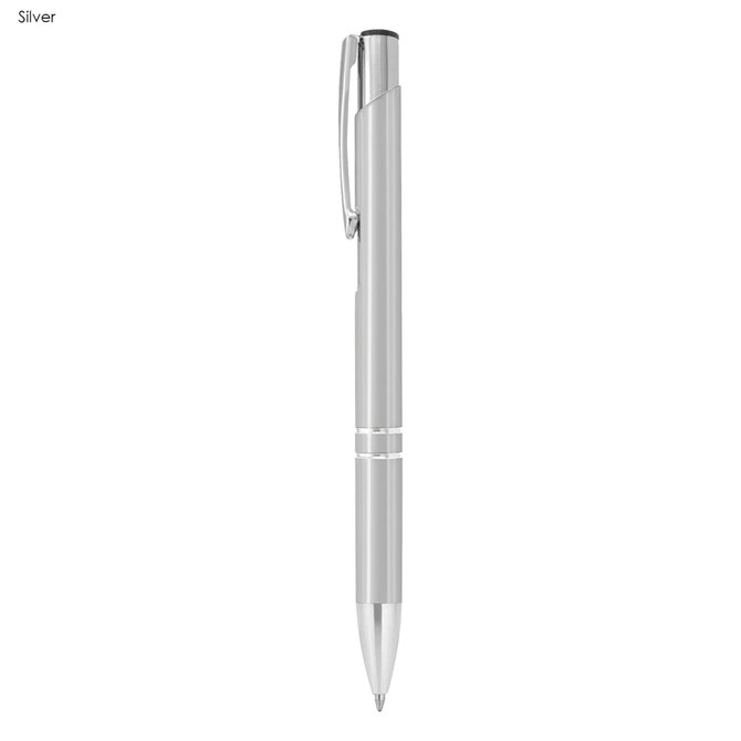 A shiny silver metal pen with a sleek design, featuring a clip and a branding logo.