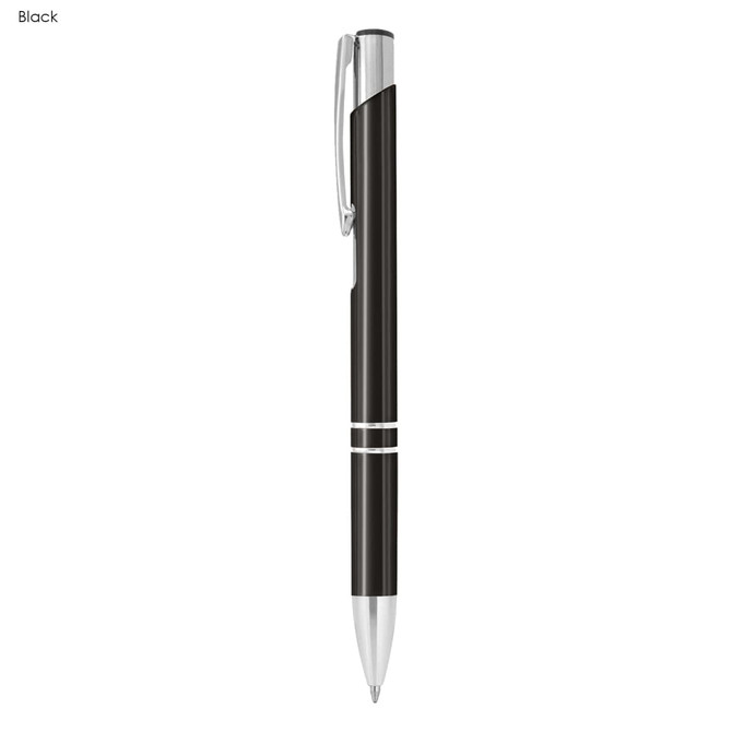 A black metal pen with a silver clip and accents. It features a sleek and modern design.