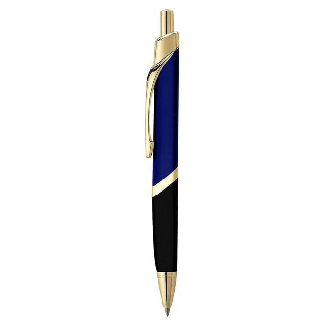 A metal pen featuring a blue and black design with gold accents and a logo.
