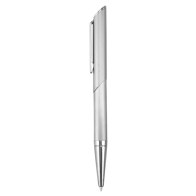 A silver metal pen with a sleek design and a clip, featuring a textured grip and a prominent branding logo.