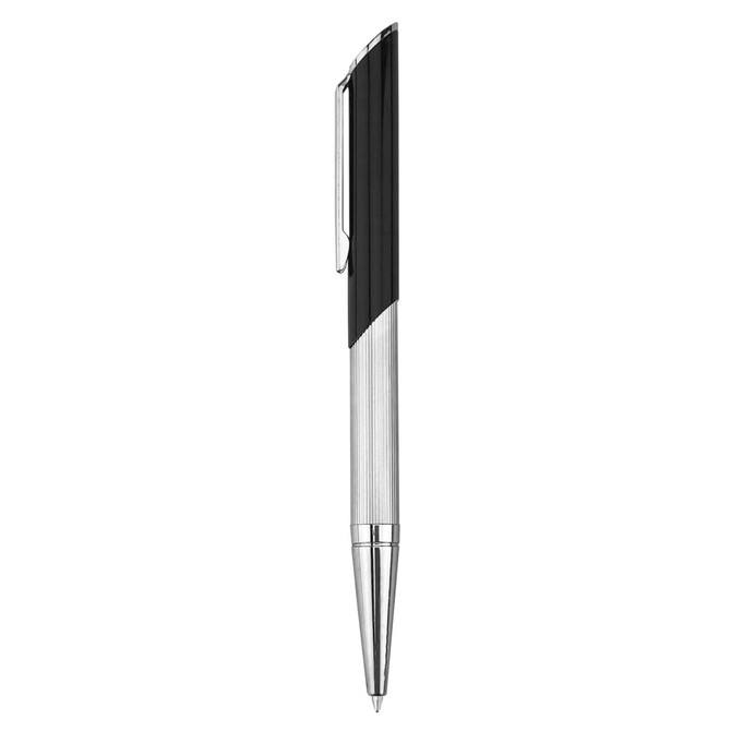A metal pen in black and silver, featuring a sleek design with a clip and a textured barrel.