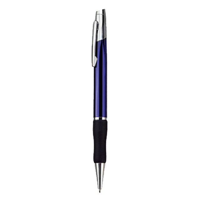 A metal pen in a deep blue colour with a silver clip and a black rubber grip. Features a branding logo.