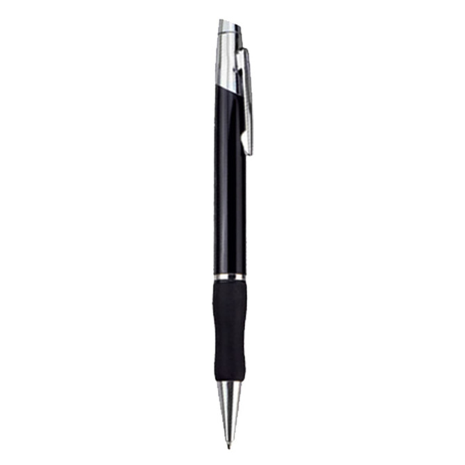 A metal pen in black with a silver clip and grip section, featuring a logo on the barrel.