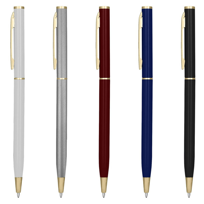 A collection of metal pens in white, silver, burgundy, blue, and black, each with gold accents and a branding logo.