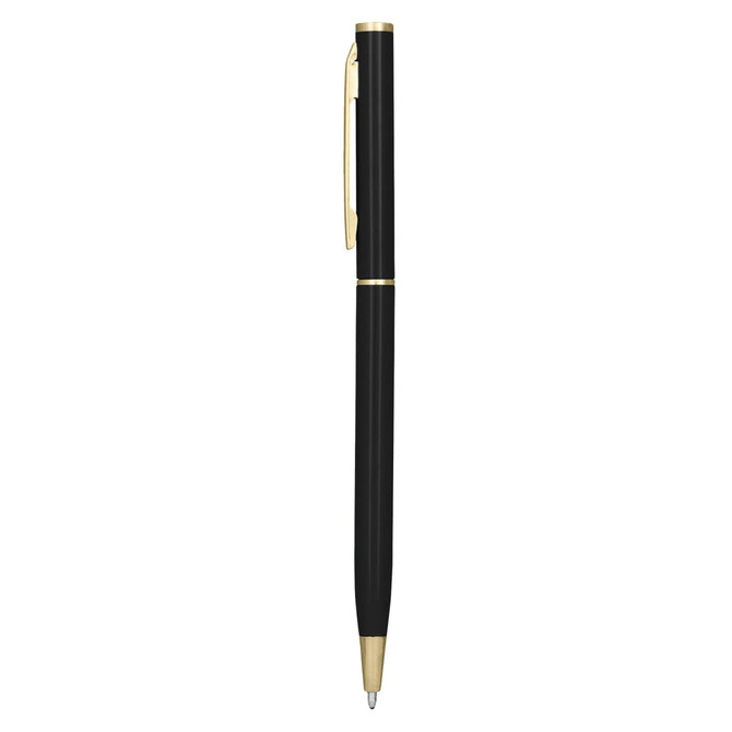 A metal pen in black with gold accents, featuring a sleek design and a branded logo.