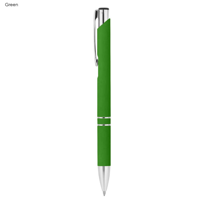 A green rubberised metal pen with a sleek design and a silver clip. It features branding on the barrel.