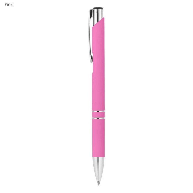 A pink rubberised metal pen with chrome accents and a branding logo.