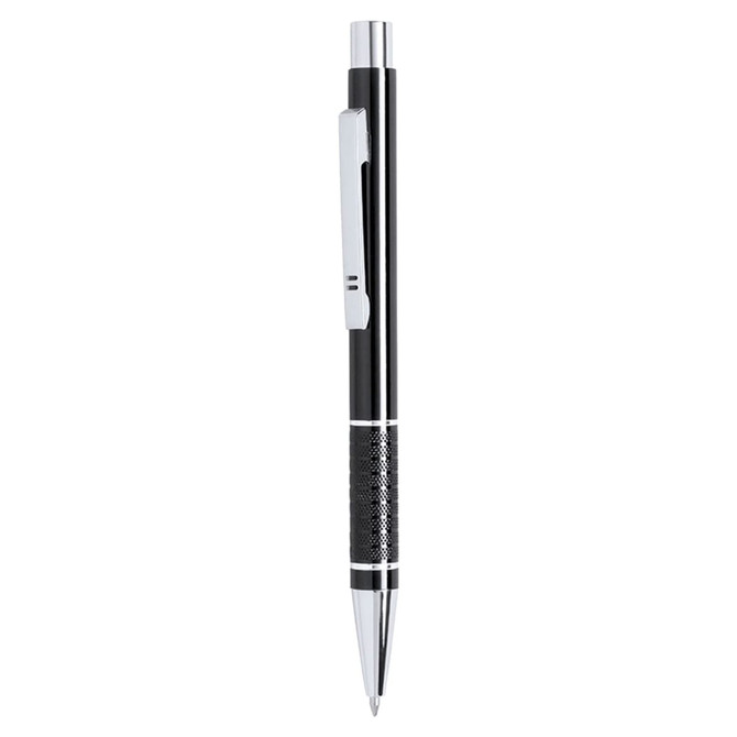 A black metal pen with a chrome clip and detailing, featuring a textured grip and a branding logo.