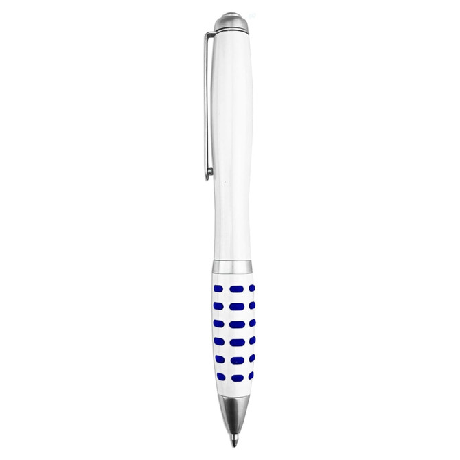 A metal pen with a white barrel and blue patterned grip, featuring a silver clip and tip.