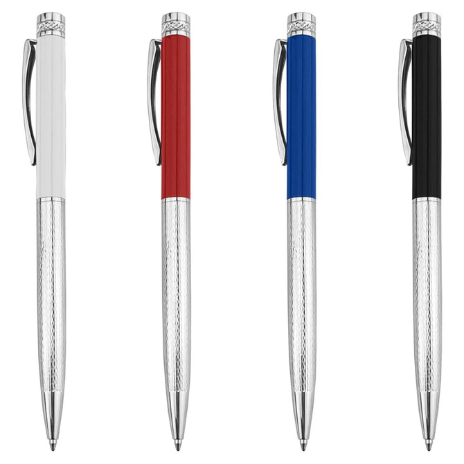 A set of four metal pens in white, red, blue, and black, featuring a textured grip and a silver clip.