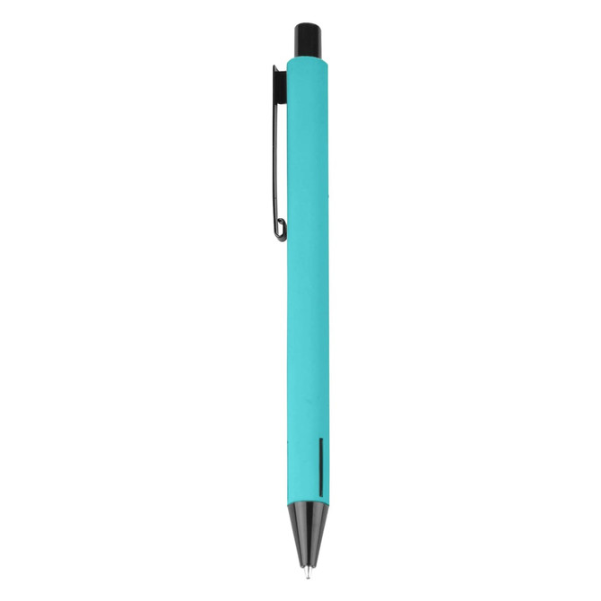 A metal pen in vibrant turquoise with a black clip and tip, featuring branding on the side.