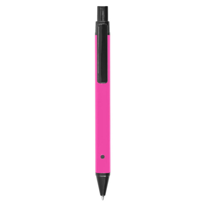 A pink metal pen with a black clip and tip, featuring a logo on its body.