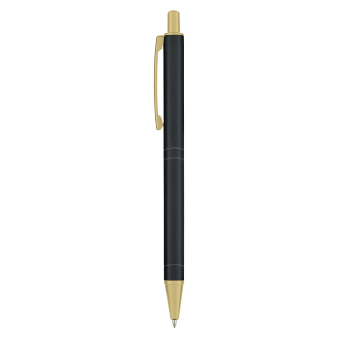 A metal pen in black with gold accents, featuring a clip and a smooth barrel design.