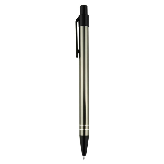 A metal pen in a sleek silver finish with black accents and a clip, featuring a logo.