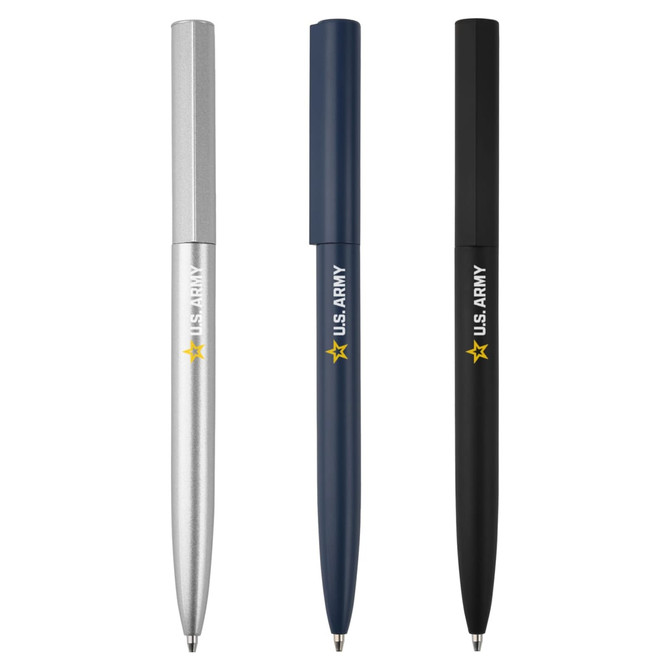 Three metal pens in silver, navy blue, and black, featuring a logo on each pen.