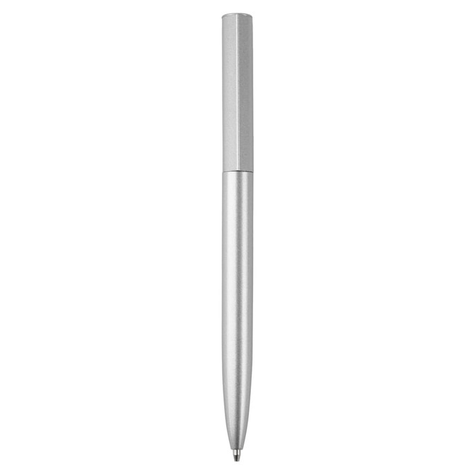 A silver metal pen featuring a sleek design and a branding logo.