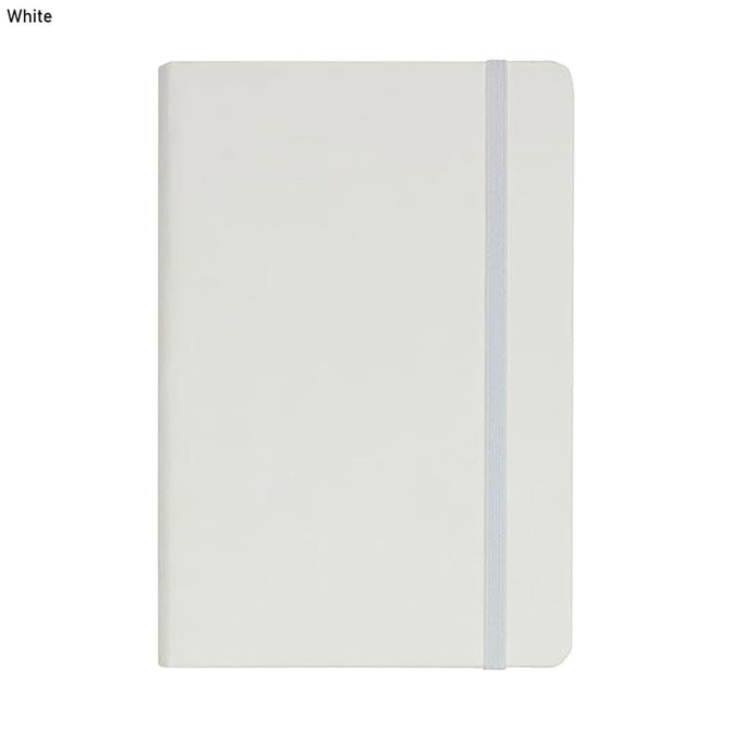 A5 PU notebook in white with an elastic closure and a smooth cover, featuring a logo.