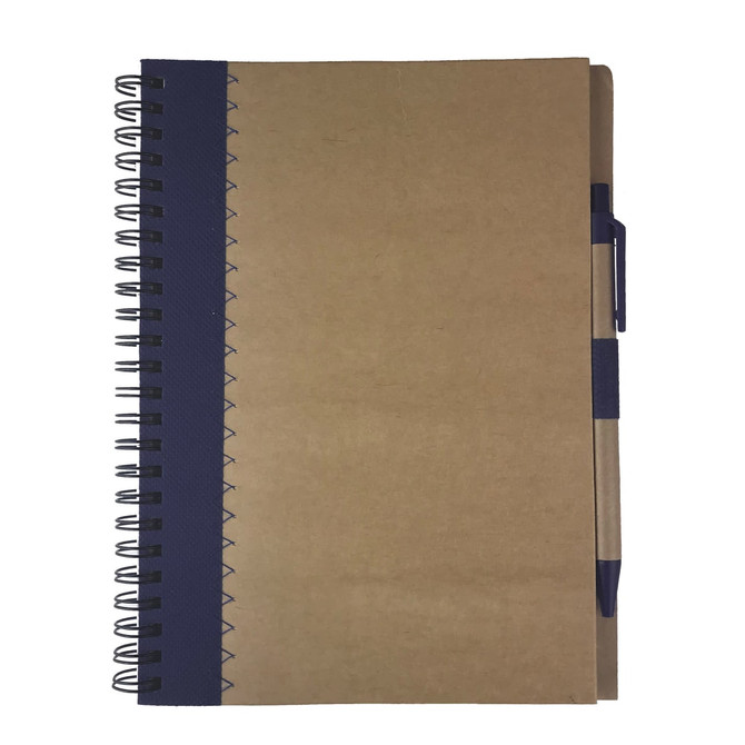 A brown recycled paper notebook with a navy blue spine and a pen attached. It has a logo on the cover.