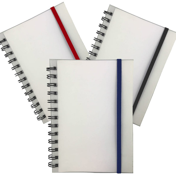 A set of three Launa B6 PP Notebooks in clear, with red, blue, and grey elastic bands. Each notebook features spiral binding.