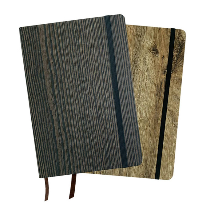 A5 wood look notebooks in dark and light wood finishes, featuring elastic bands and ribbons for secure closure.