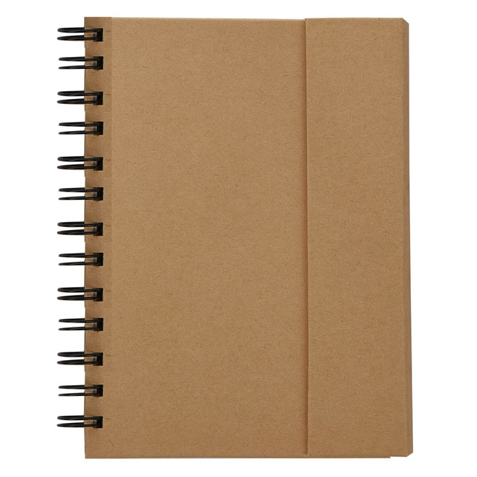 A brown spiral-bound notebook with a textured cover and a band to secure it.