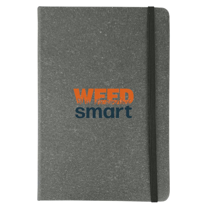 A grey notebook with a black elastic band and a logo in orange and blue. Ideal for office and business use.