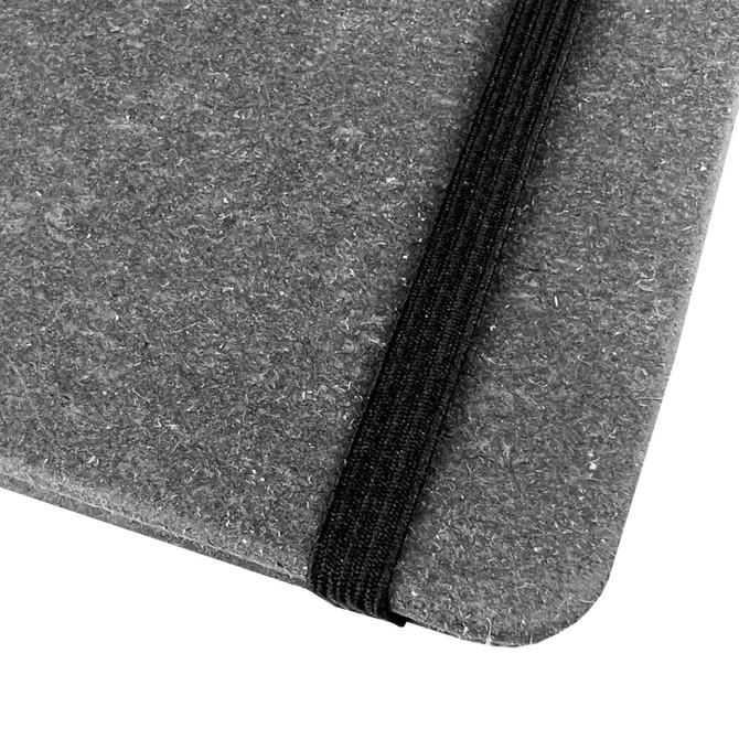 A grey notebook with a textured cover and a black elastic band closure. Features a logo on the cover.