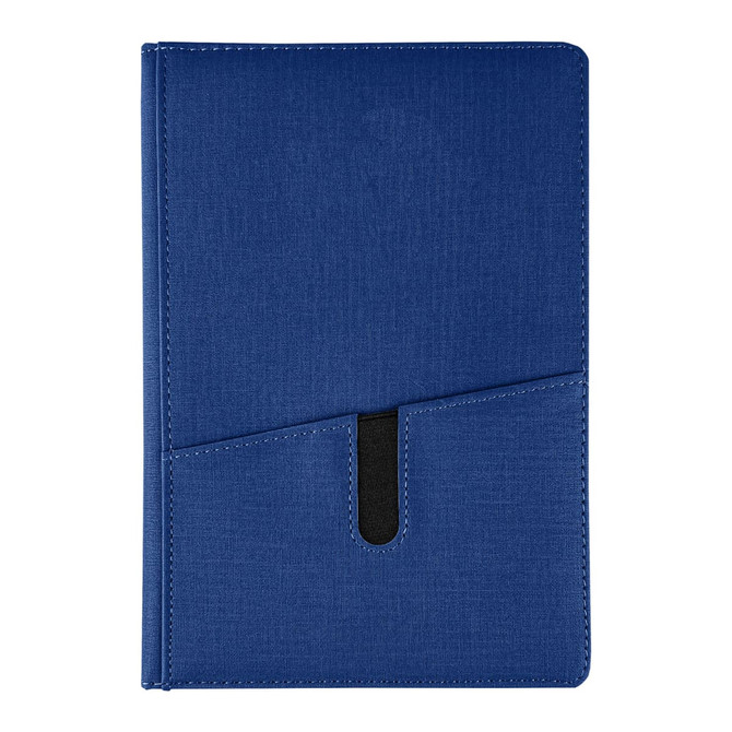 A blue notebook with a textured cover and a black pocket on the front. It features a logo.