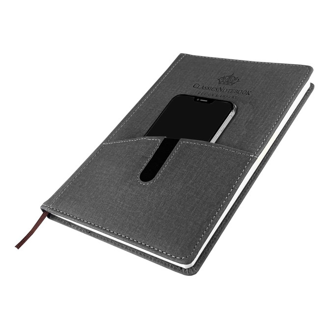 A grey notebook with a phone pocket and a ribbon marker, featuring a logo on the cover.