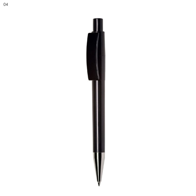 A plastic pen in black with a sleek design and a clip, featuring a metallic tip and a branding logo.