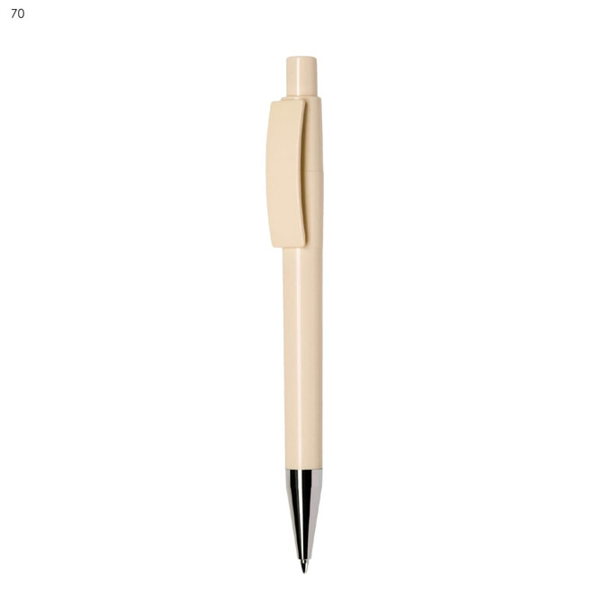 An off-white plastic pen with a clip and a silver tip, featuring a branding logo.