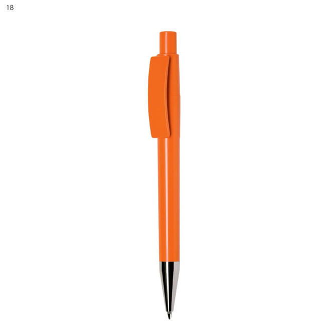 An orange plastic pen with a click mechanism and a simplistic design, featuring a clip and chrome trim.