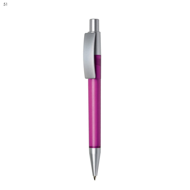A pink plastic pen with a silver clip and tip, featuring a branded logo.