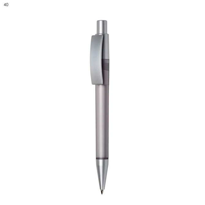 A plastic pen in silver and grey with a clip and a shiny chrome tip, featuring a branding logo.
